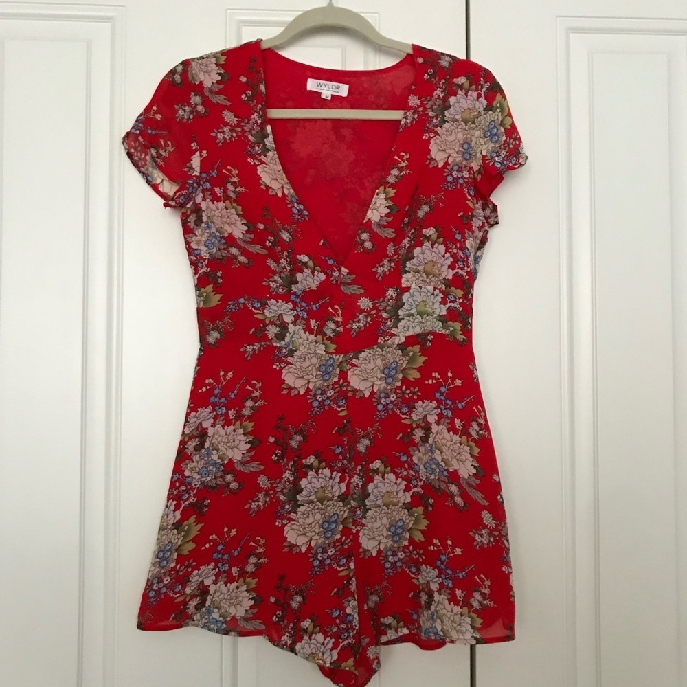 WYLDR red floral romper deep neck, front zipper M